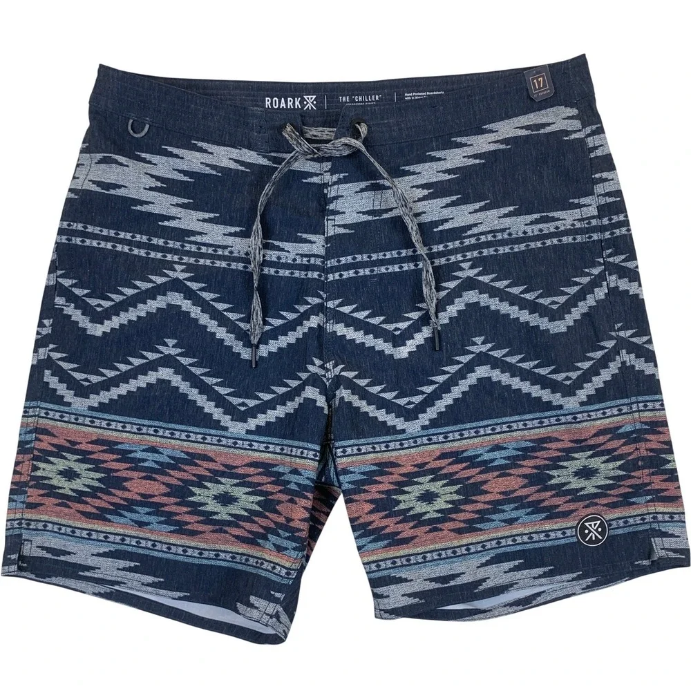 Roark The Chiller Boardshorts‎ Mens 30 Blue Tribal Geometric 17 Outseam Hemp NWT
